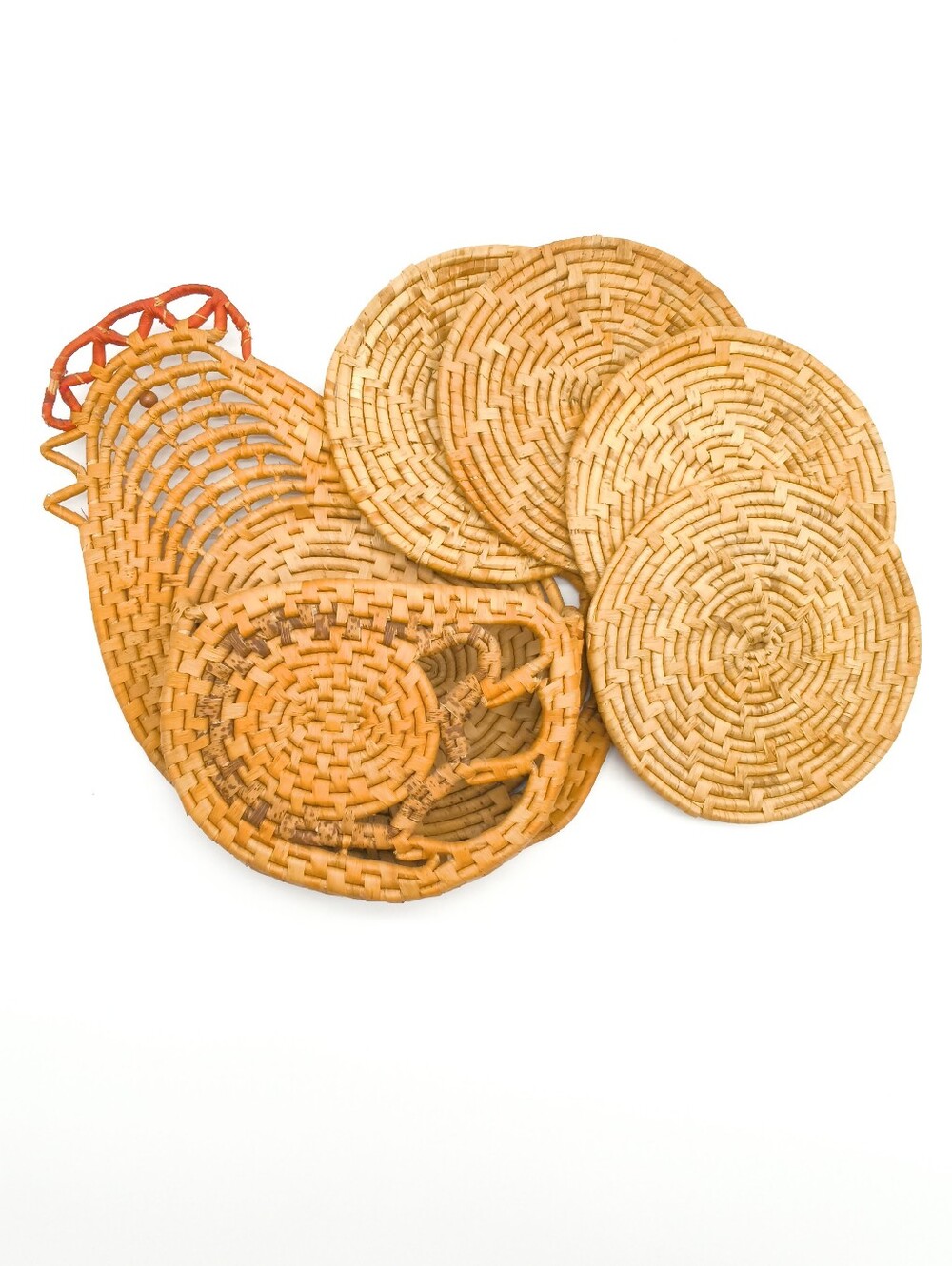 Vintage 1970s Woven Wicker Rooster Trivet Caddy Set
